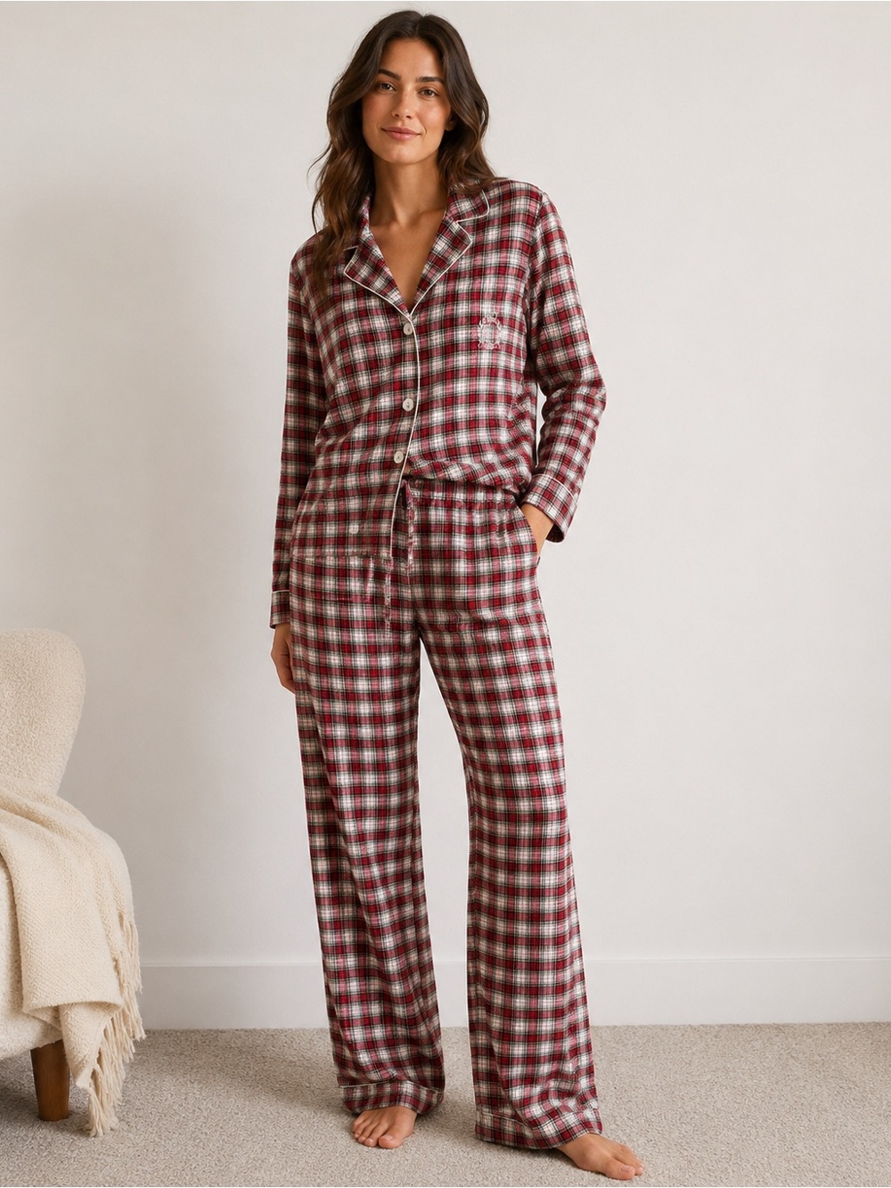 Lauren Ralph Lauren Burgundy and White Plaid Button-Front Pajama Set